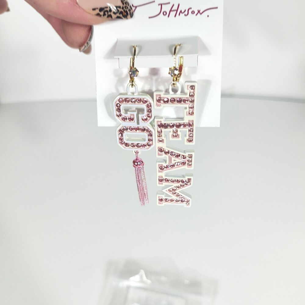 Betsey Johnson Pink Rhinestone TEAM Earrings Tassel Statement Gold NWT Cute Tren